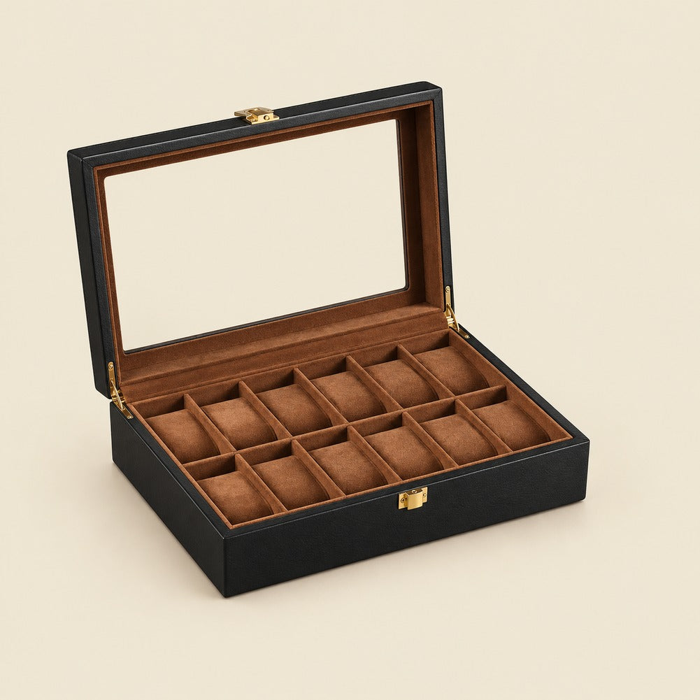 Boîte à Montres en Bois d'Ébène 12 Montres - Noctis, ouverte