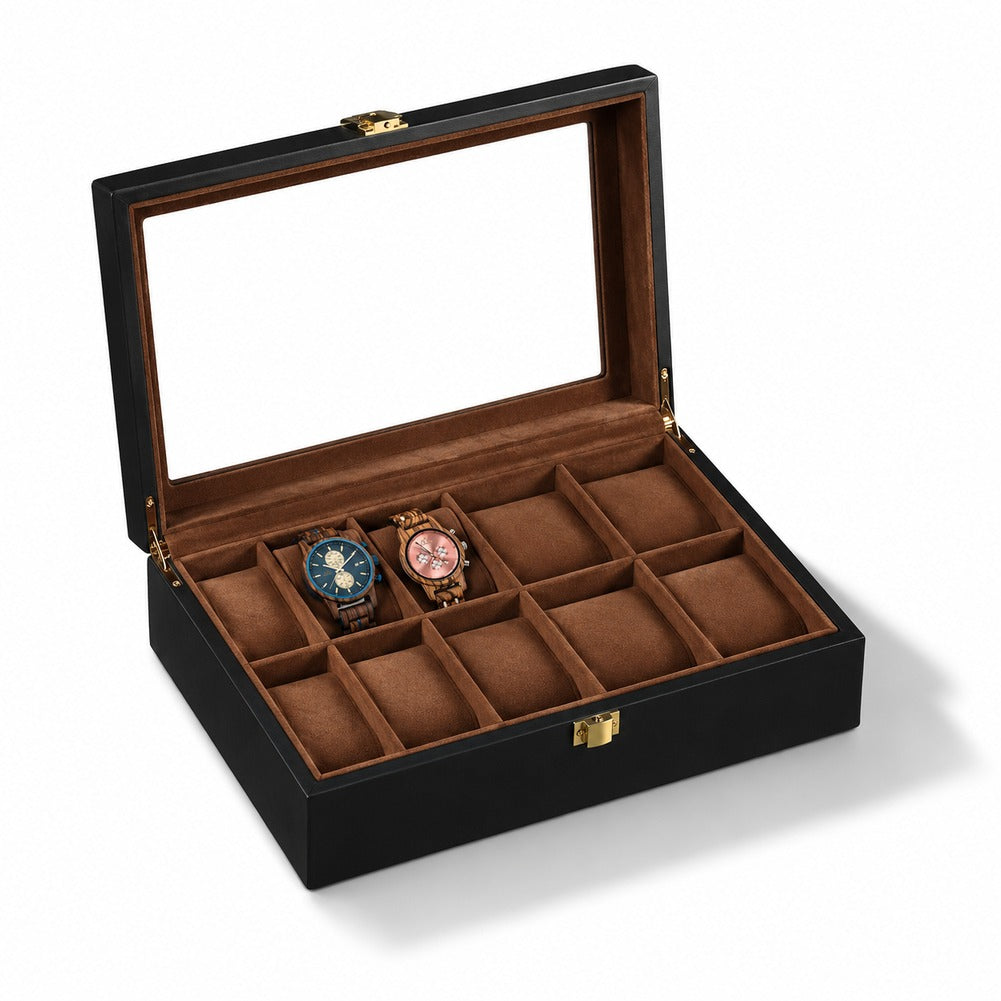 Boîte à Montres en Bois d'Ébène 12 Montres - Noctis, garnie