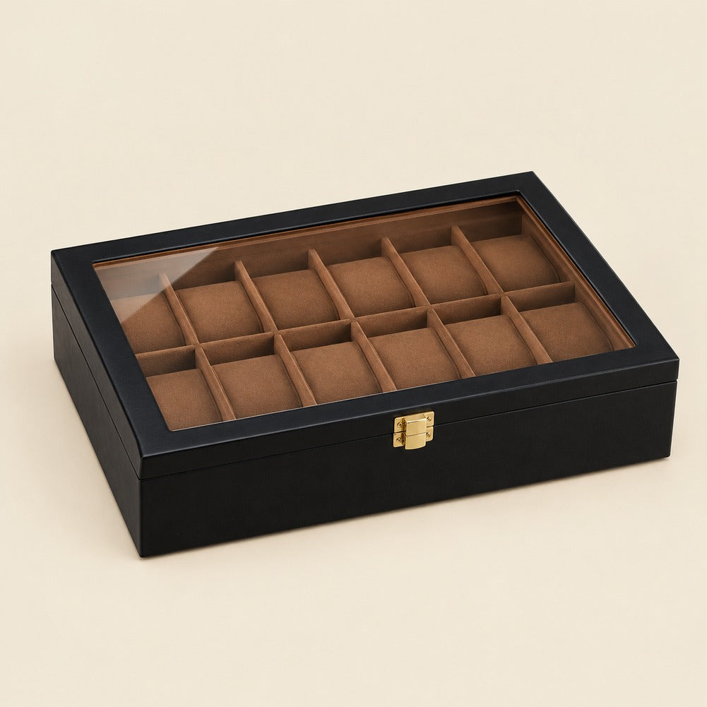 Boîte à Montres en Bois d'Ébène 12 Montres - Noctis, fermée
