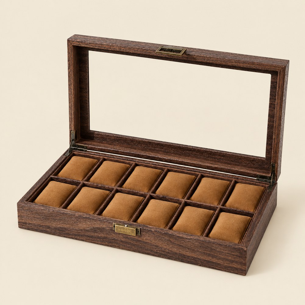 Boîte à Montres en Cuir et Bois 12 Montres - Corium, ouverte