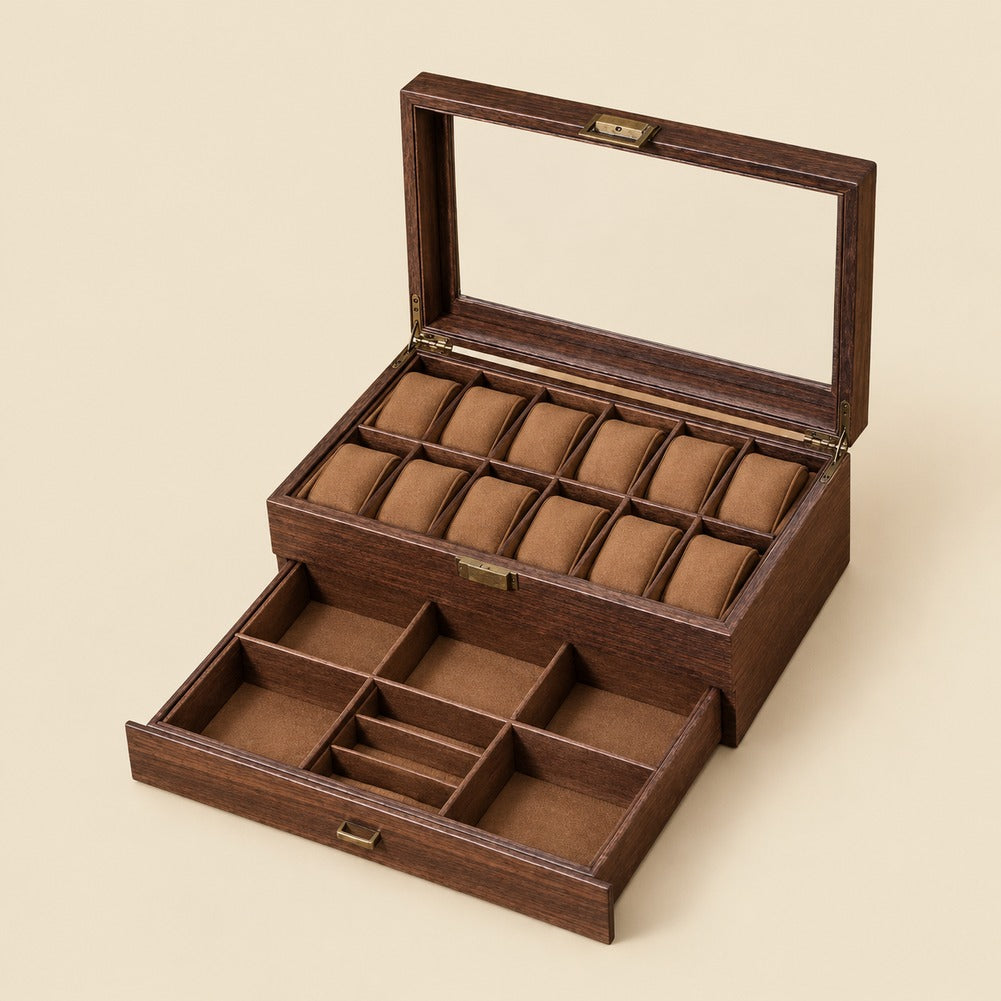 Boîte à Montres et Bijoux en Bois de Noyer 12 Montres avec Tiroir - Tornal, ouverte