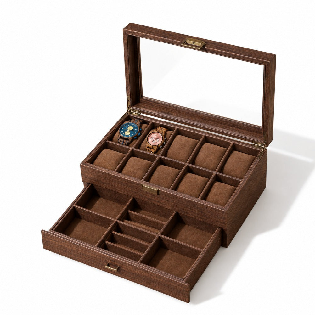 Boîte à Montres et Bijoux en Bois de Noyer 12 Montres avec Tiroir - Tornal, garnie