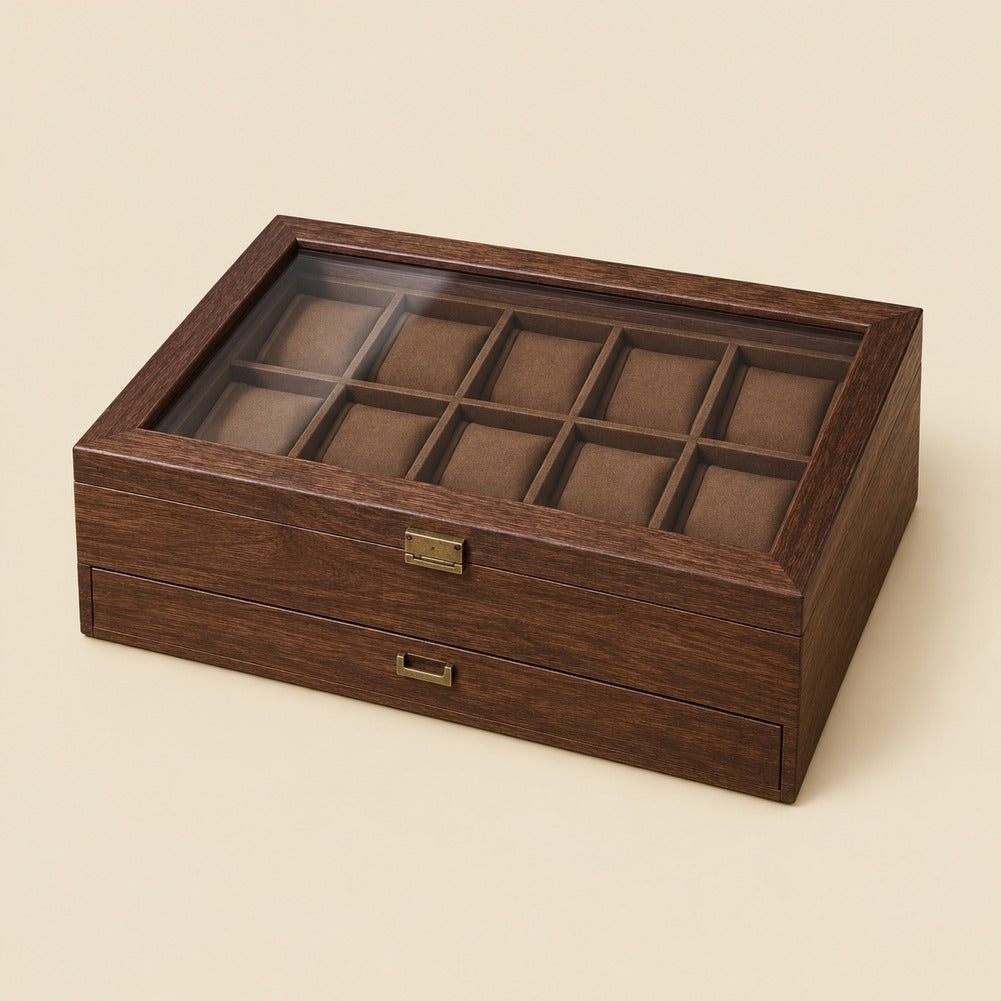 Boîte à Montres et Bijoux en Bois de Noyer 12 Montres avec Tiroir - Tornal, fermée