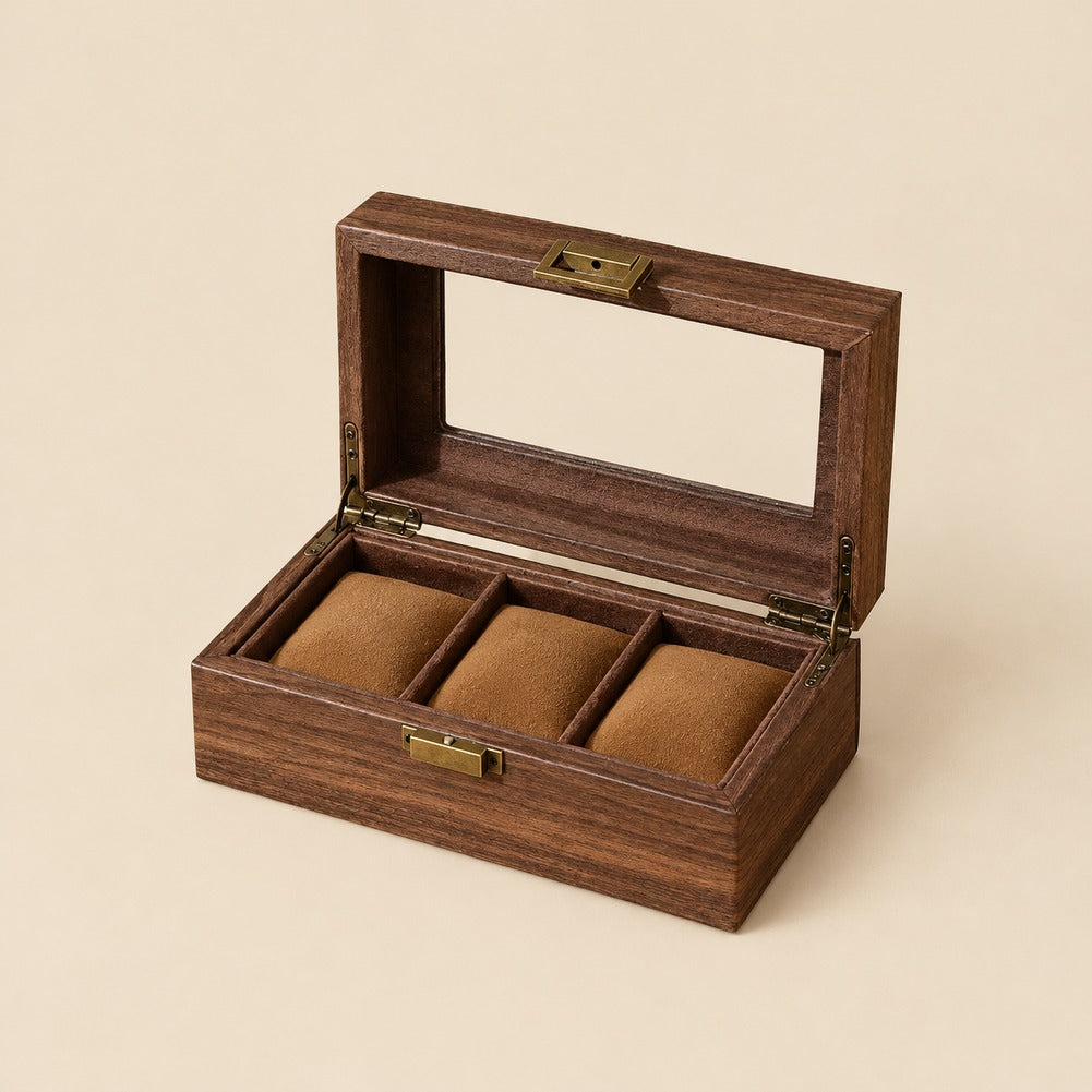 Coffret Montre en Bois de Noyer 3 Montres - Tornal, ouverte