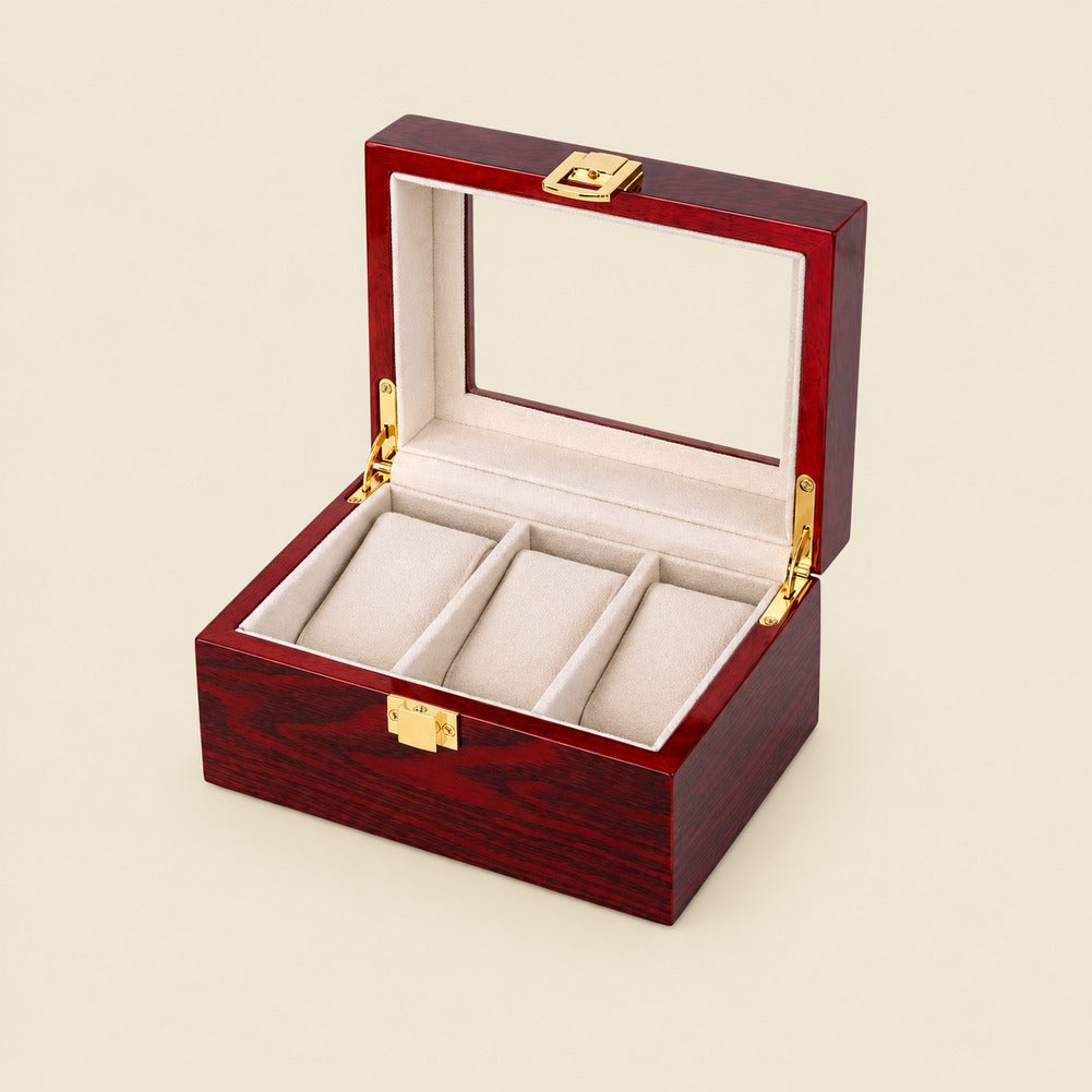 Coffret Montre Homme en Bois d'Acajou 3 Montres - Verrio, ouverte