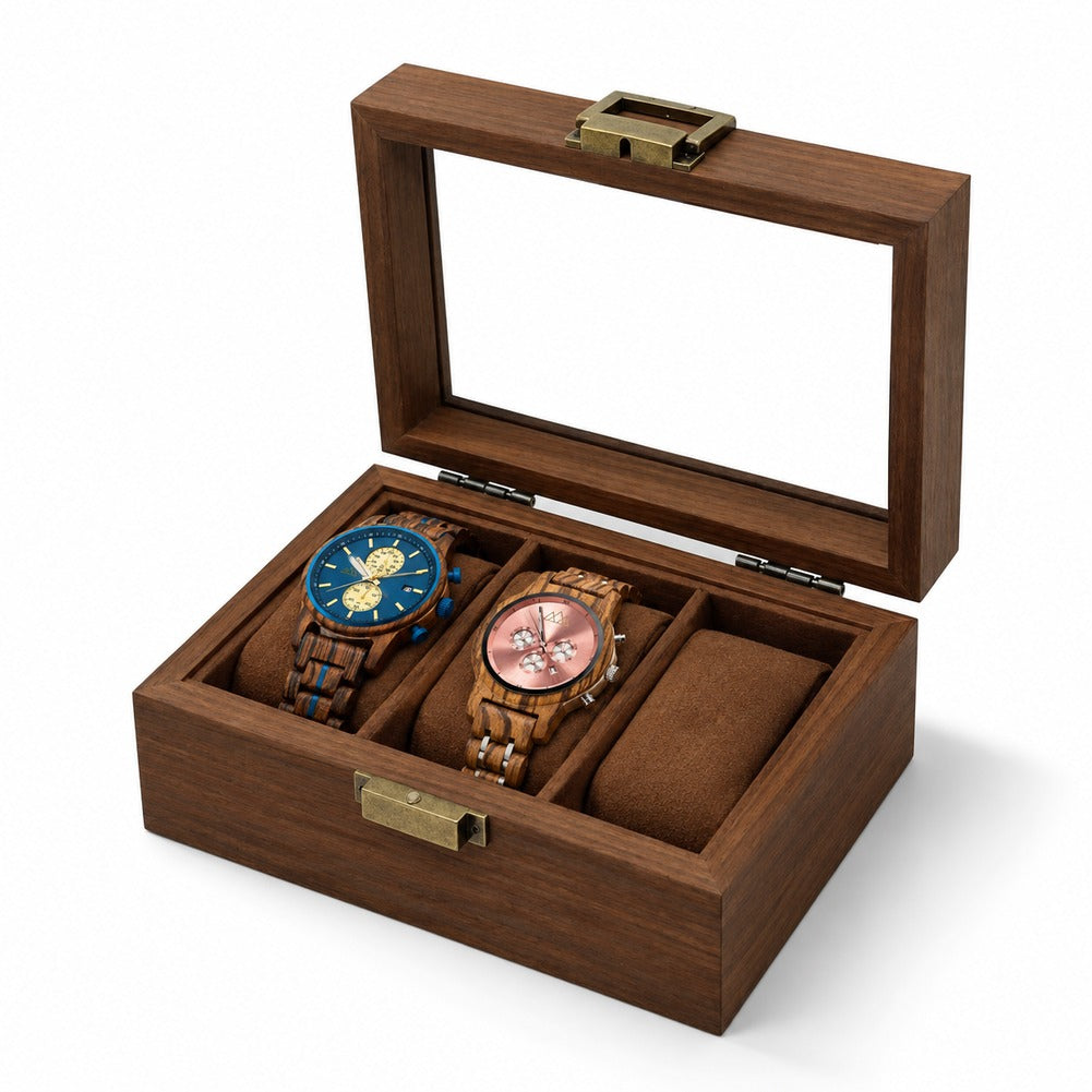 Écrin à Montres en Bois de Noyer 3 Montres - Velor, garnie