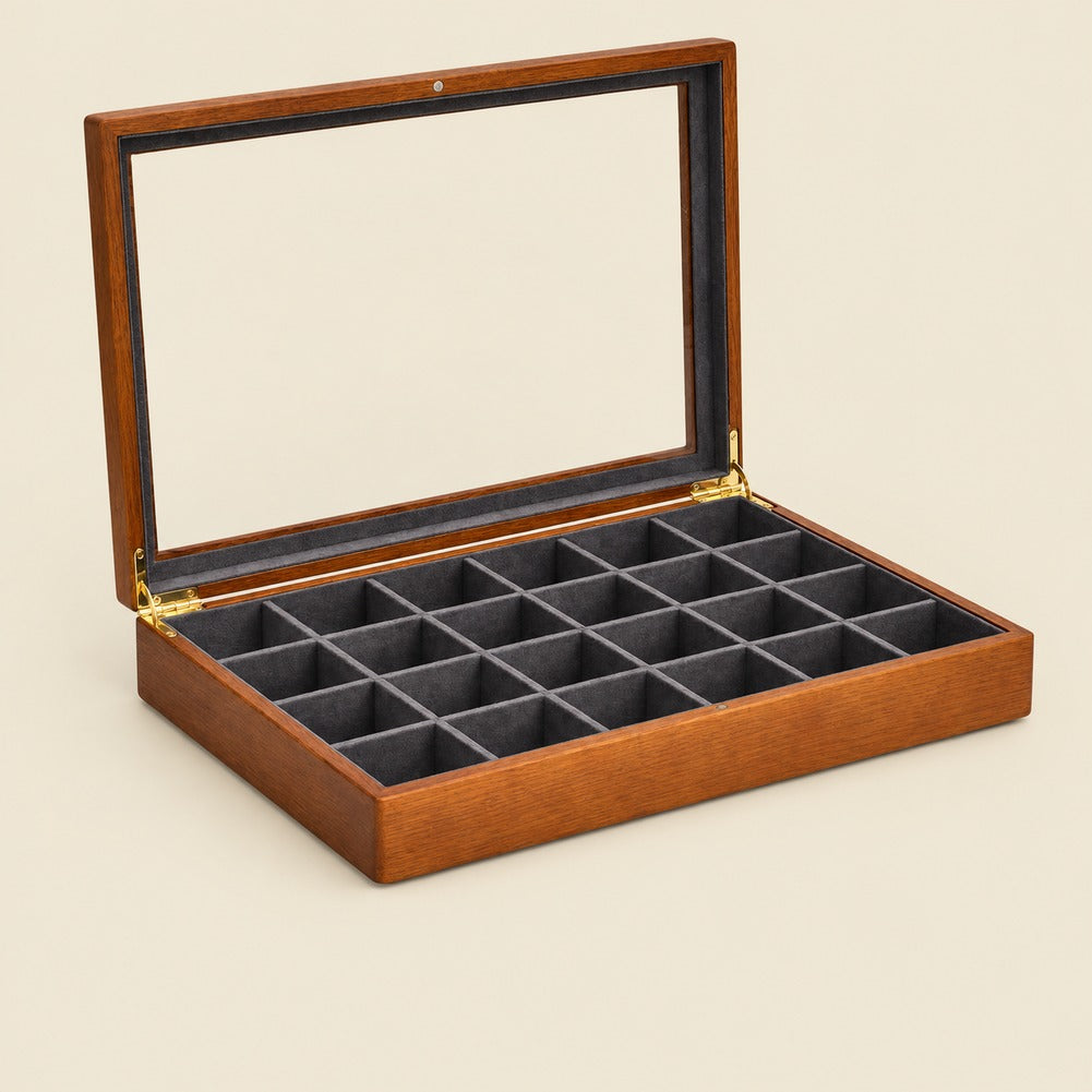 Grande Boîte à Bijoux en Bois Gris 24 Compartiments - Noria, ouverte