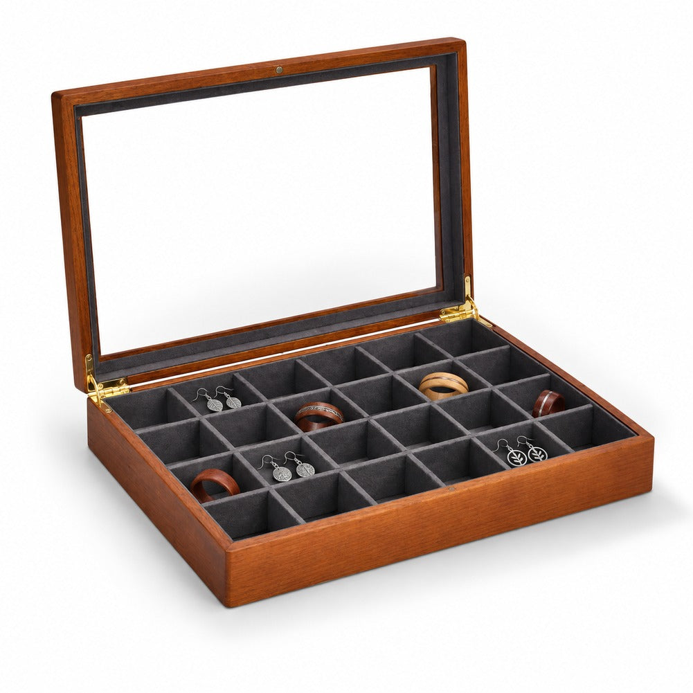Grande Boîte à Bijoux en Bois Gris 24 Compartiments - Noria, garnie