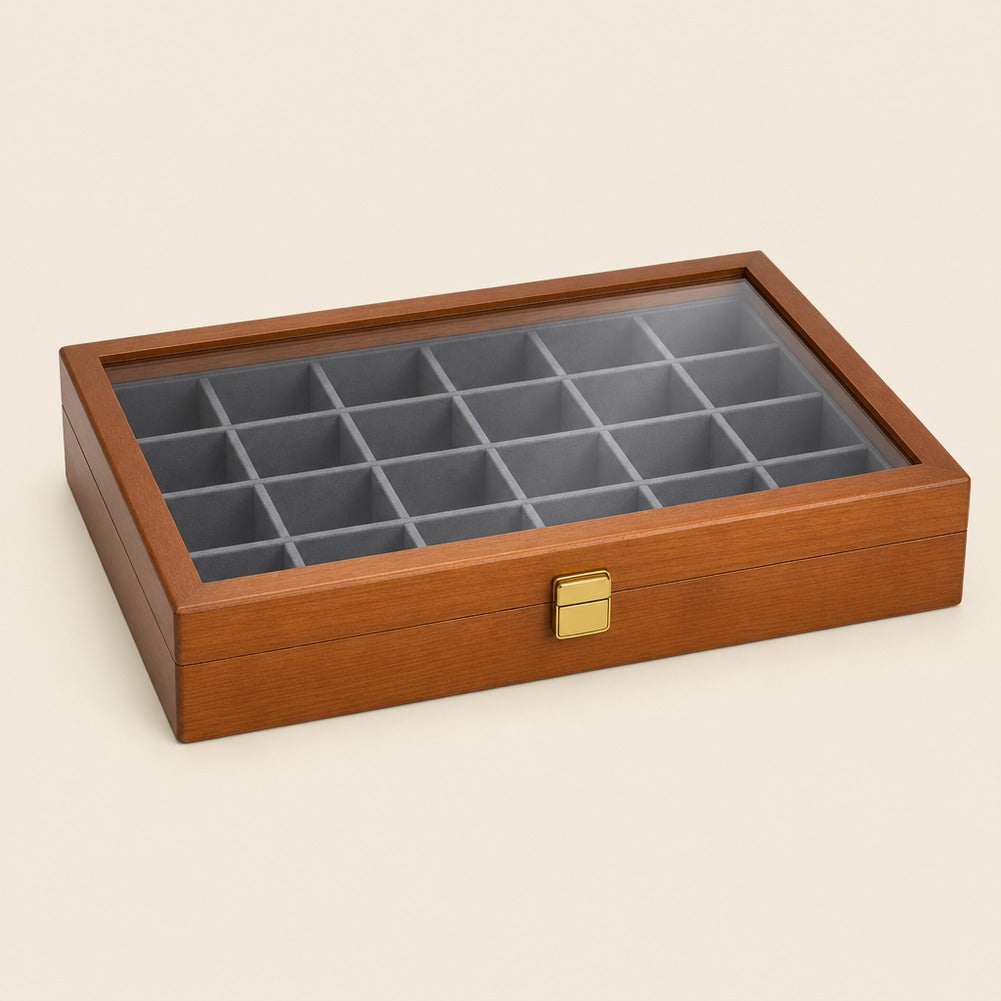 Grande Boîte à Bijoux en Bois Gris 24 Compartiments - Noria, fermée