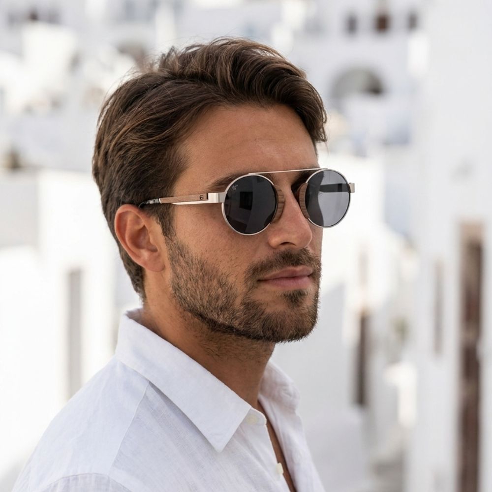 Lunettes en bois aviateur Vintage Noir en situation
