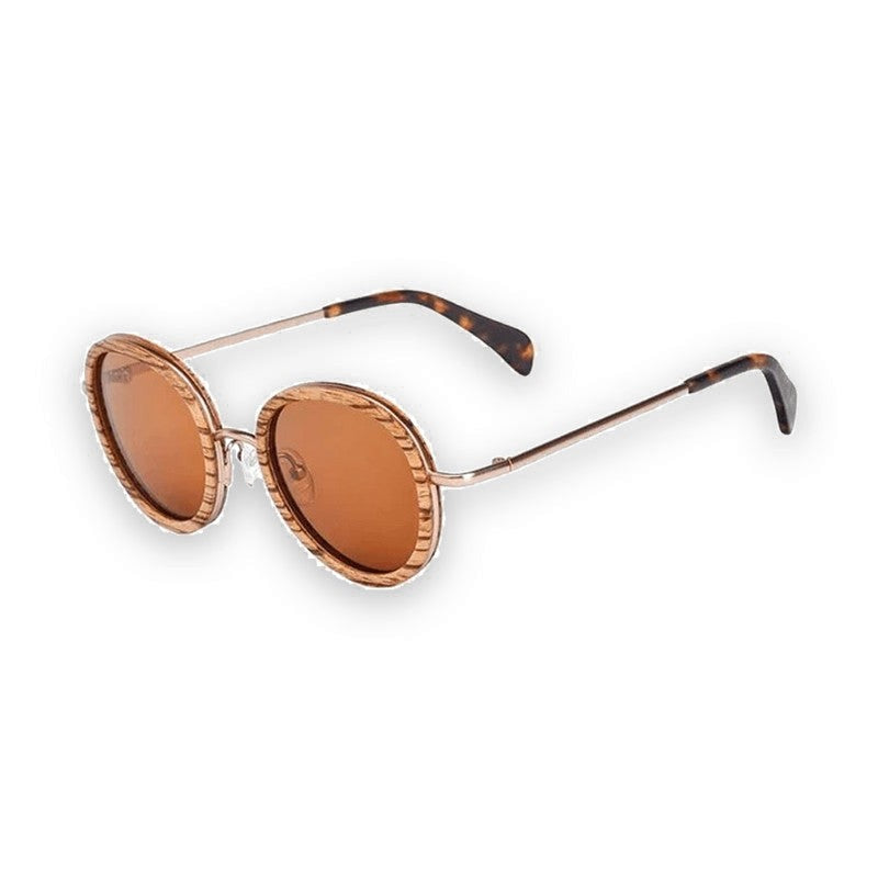 Lunettes en Bois Ronde - Retro Vintage Zebra Brun