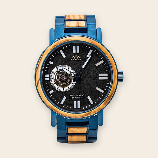 Montre en bois automatique bleue Legacy Blue – The Wood Stock