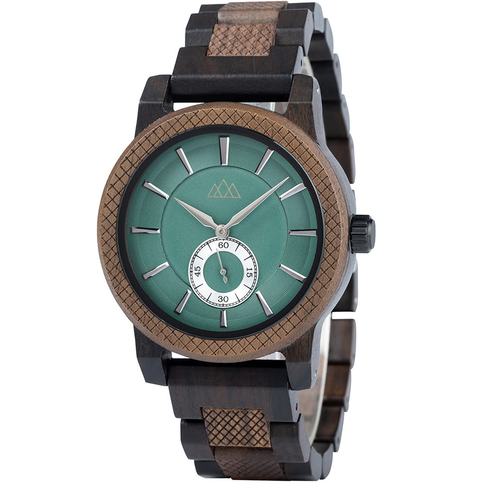 Montre bois cadran vert Teriol Green, vue 3 sur fond blanc