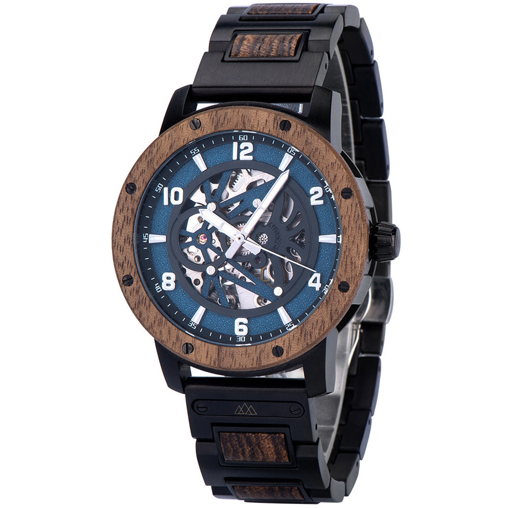 Montre en bois homme automatique squelette Pharow, vue 2 sur fond blanc