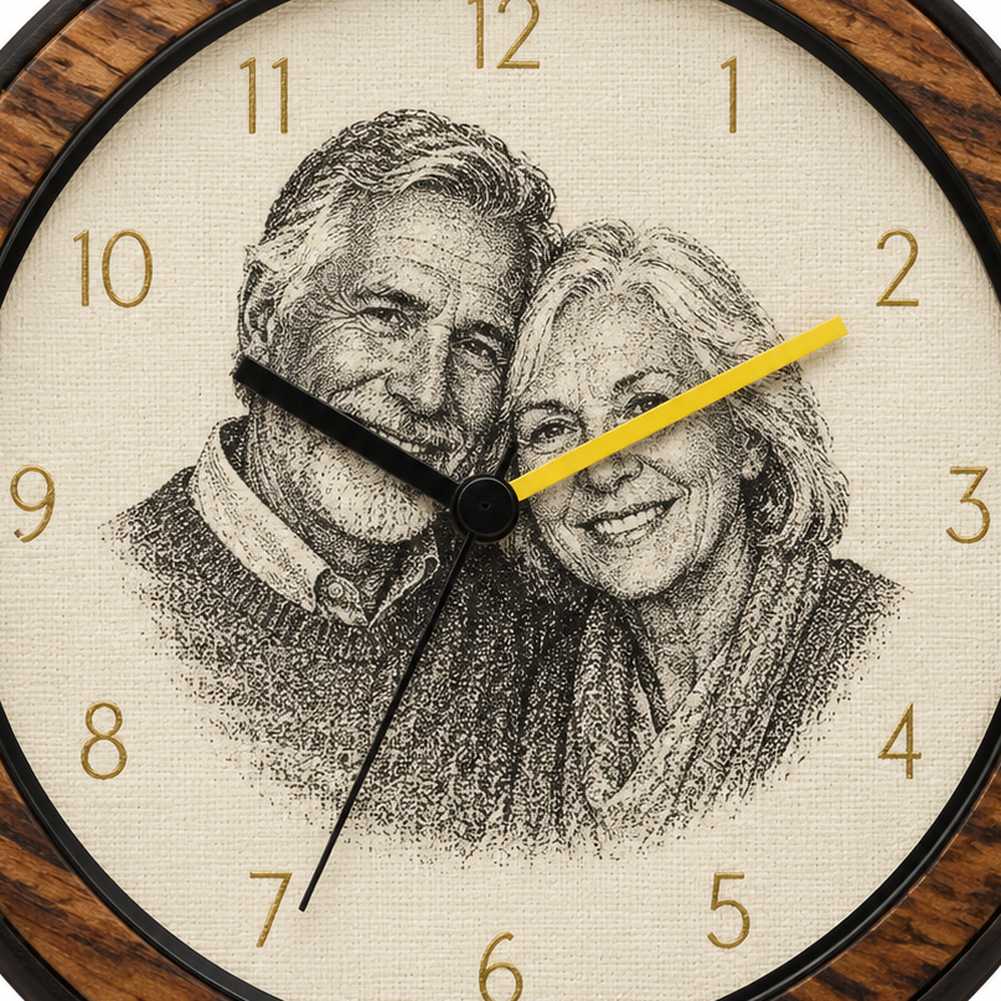 Montre en bois gravée d'une photo de couple de seniors, cadeau anniversaire de mariage