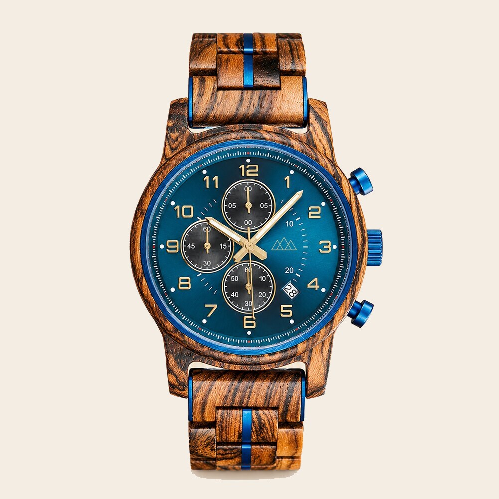 Montre en bois homme bleu marine Brooklyn Chrono, packshot de face, boîtier zébrano et cadran chronographe bleu