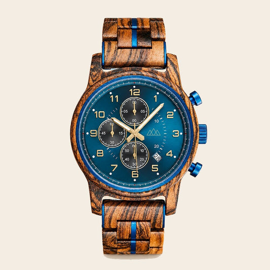 Montre en bois homme bleu marine Brooklyn Chrono, packshot de face, boîtier zébrano et cadran chronographe bleu