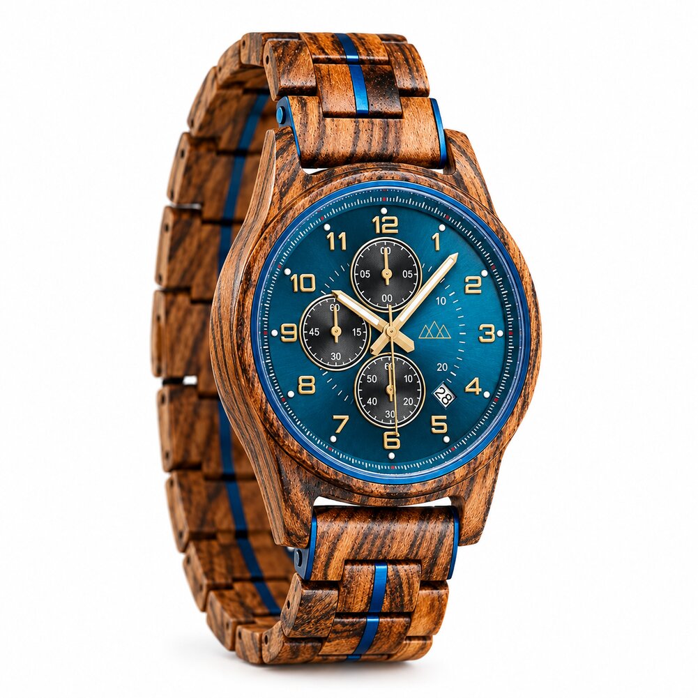 Montre en bois homme bleu marine Brooklyn Chrono vue de trois quarts gauche, boîtier en bois de zébrano
