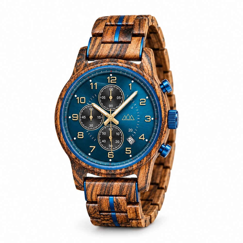 Montre en bois homme bleu marine Brooklyn Chrono vue de trois quarts droite, couronne et poussoirs bleus