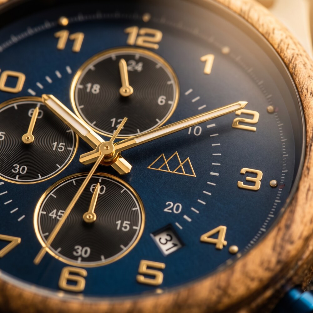 Gros plan du cadran bleu marine de la montre en bois Brooklyn Chrono, trois compteurs chronographe et guichet de date