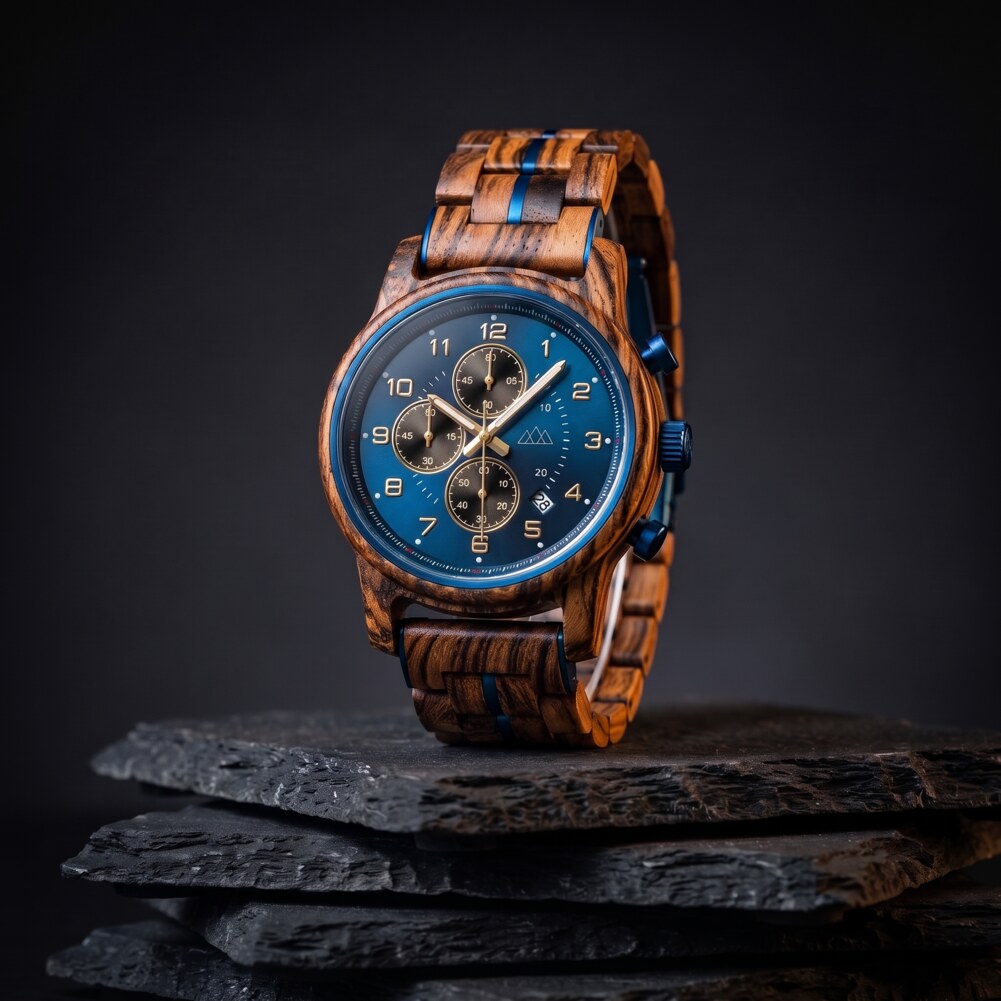Montre en bois homme Brooklyn Chrono posée sur un empilement d'ardoise noire, ambiance sombre