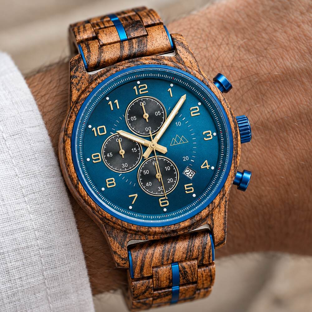 Macro de la montre en bois Brooklyn Chrono au poignet, veinages du zébrano et cadran bleu marine