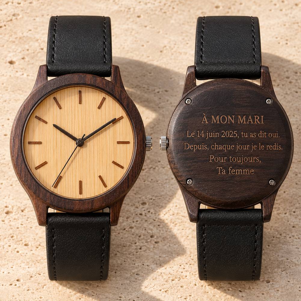 Montre en bois gravée, texte de mariage gravé au dos du boîtier ébène