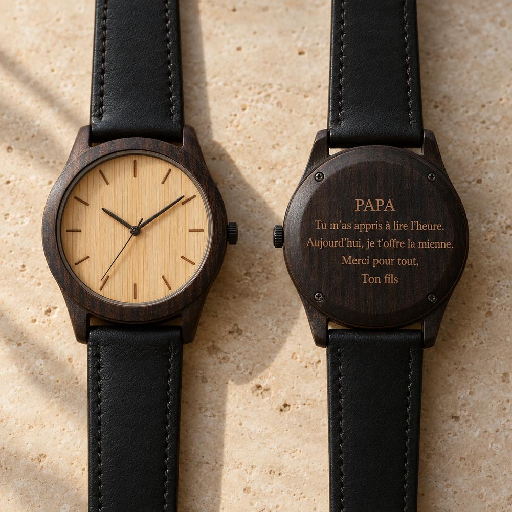Montre en bois gravée pour papa, message personnalisé gravé au dos