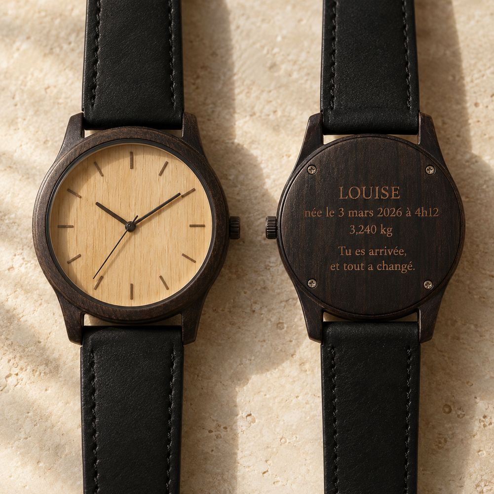 Montre en bois gravée, faire-part de naissance gravé au dos du boîtier