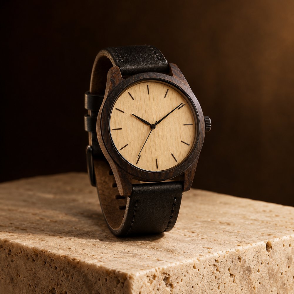Montre en bois homme gravée, bracelet cuir noir, posée sur travertin
