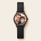 Montre en bois photo personnalisée en couleur, boîtier noyer et cuir noir