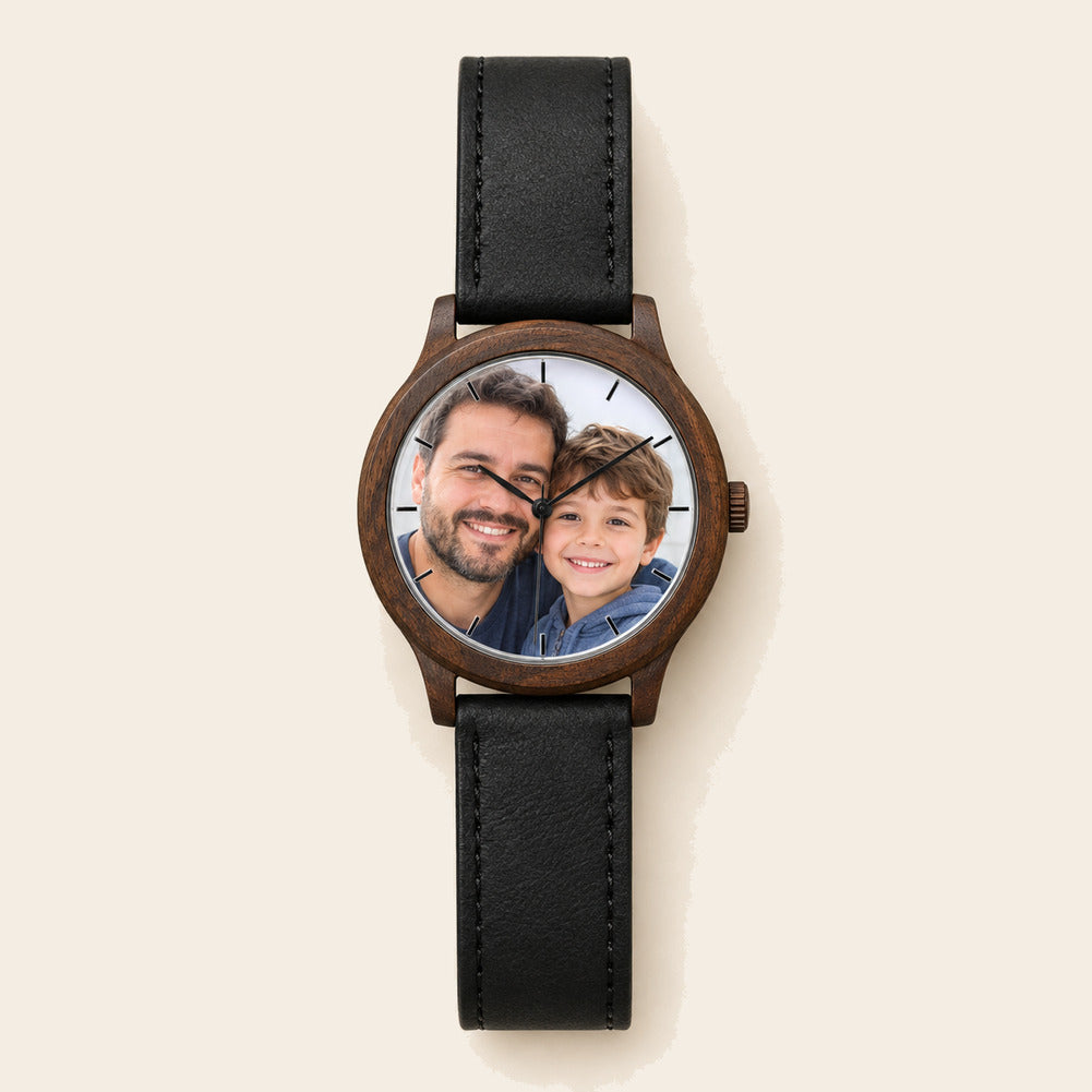 Montre en bois photo personnalisée en couleur, boîtier noyer et cuir noir