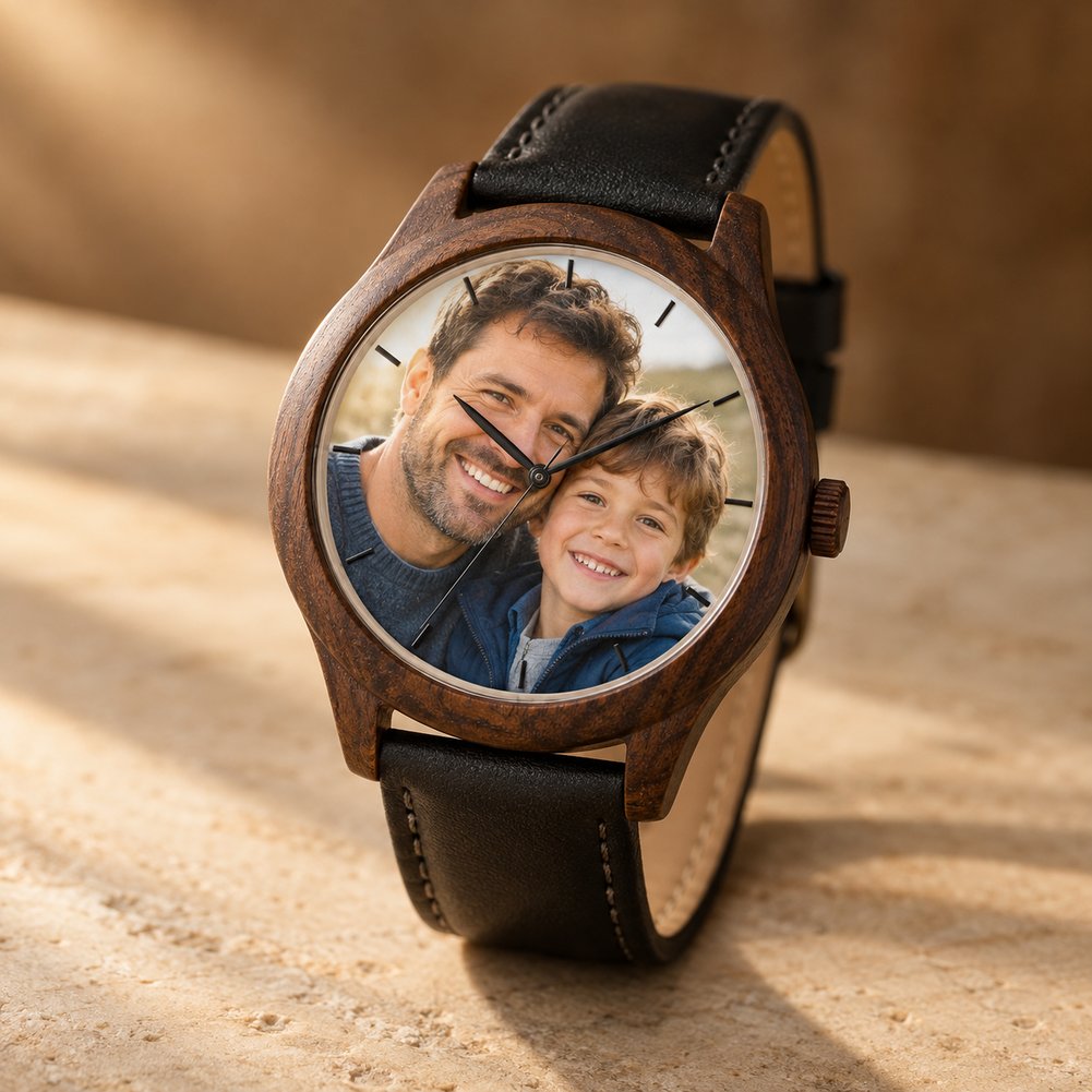 Montre en bois avec photo couleur imprimée sur le cadran, vue de trois-quarts