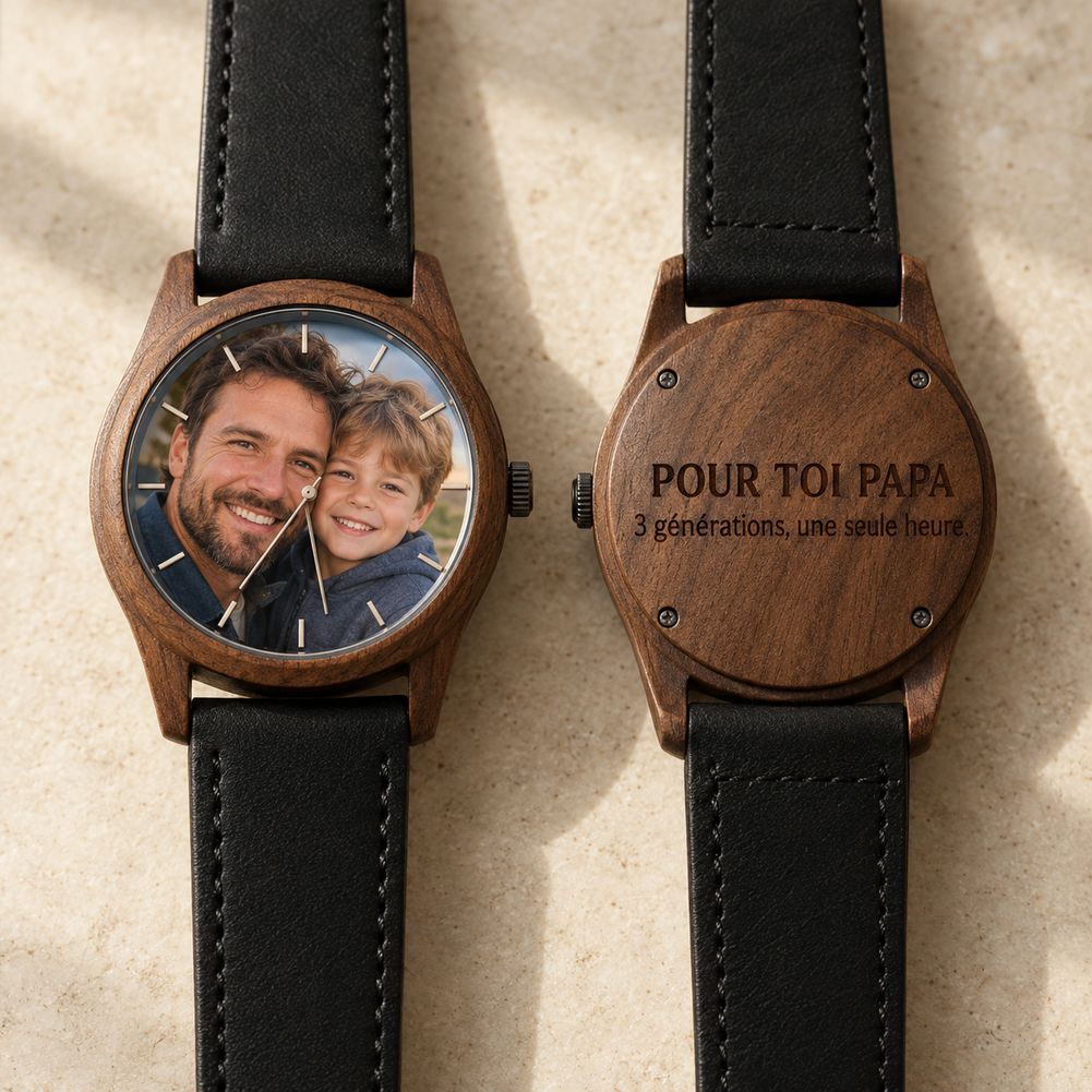 Montre en bois photo personnalisée, gravure Pour toi papa au dos du boîtier