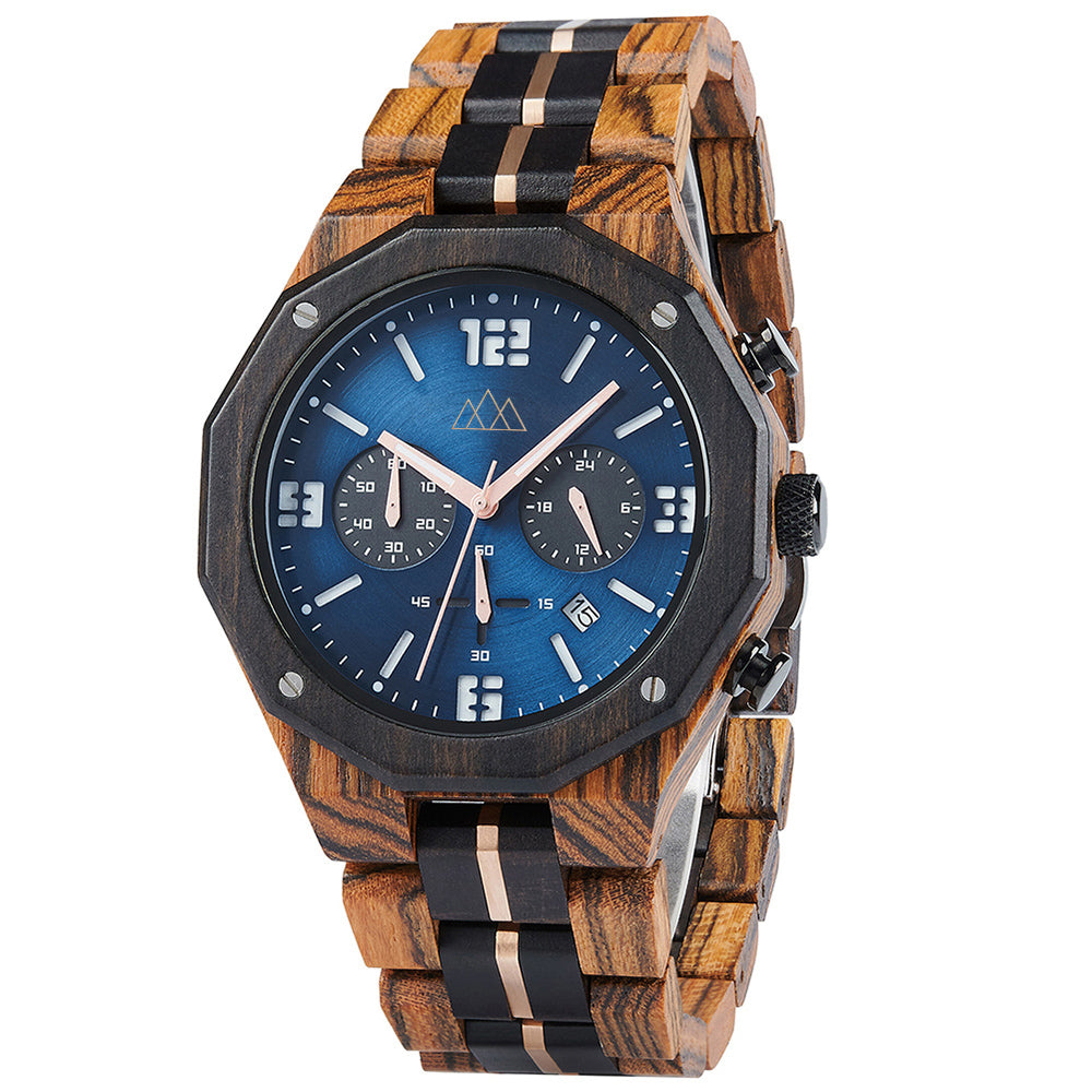 Montre homme bois cadran bleu chronographe Benilit, vue 2 sur fond blanc