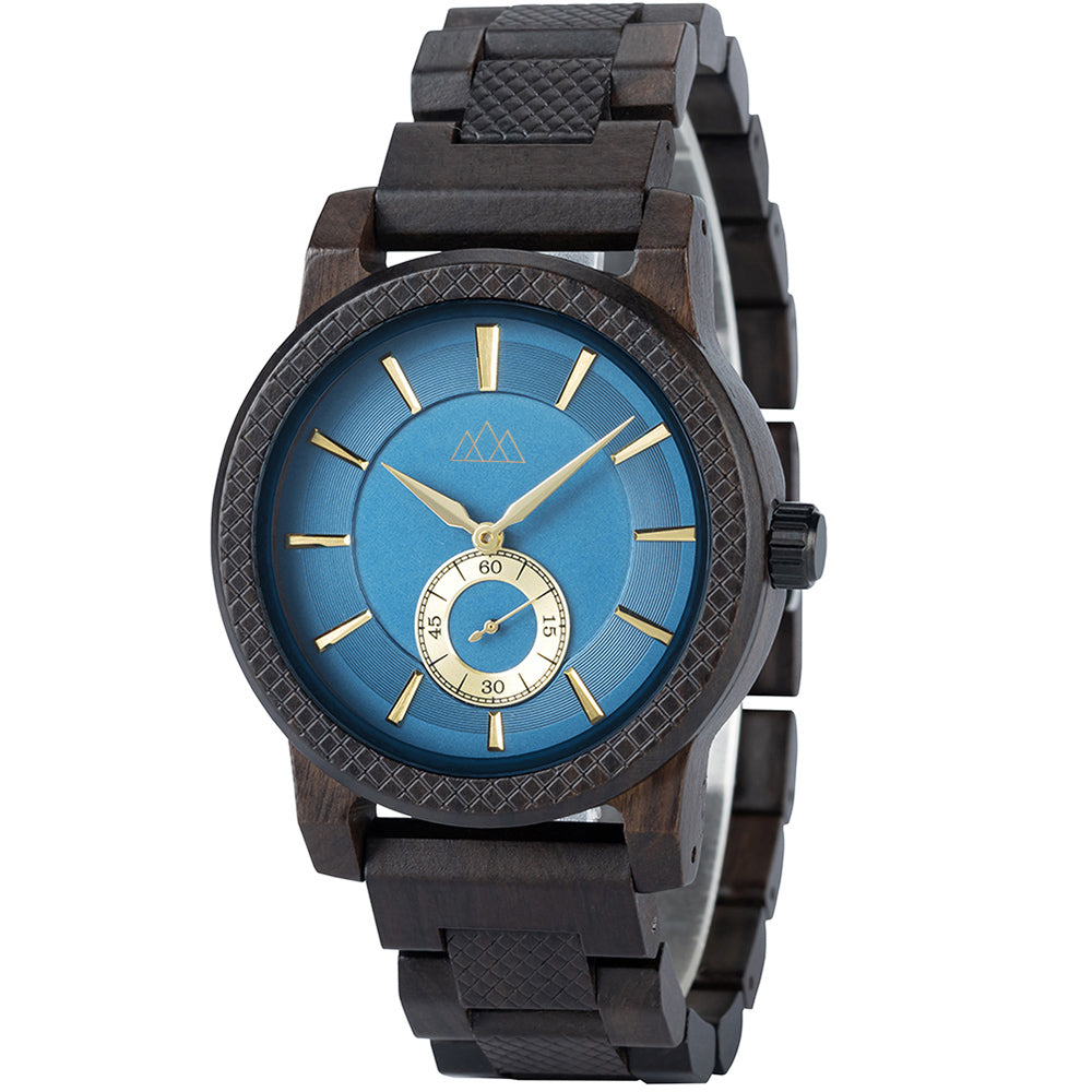 Montre homme bois cadran bleu Teriol Blue, vue 2 sur fond blanc