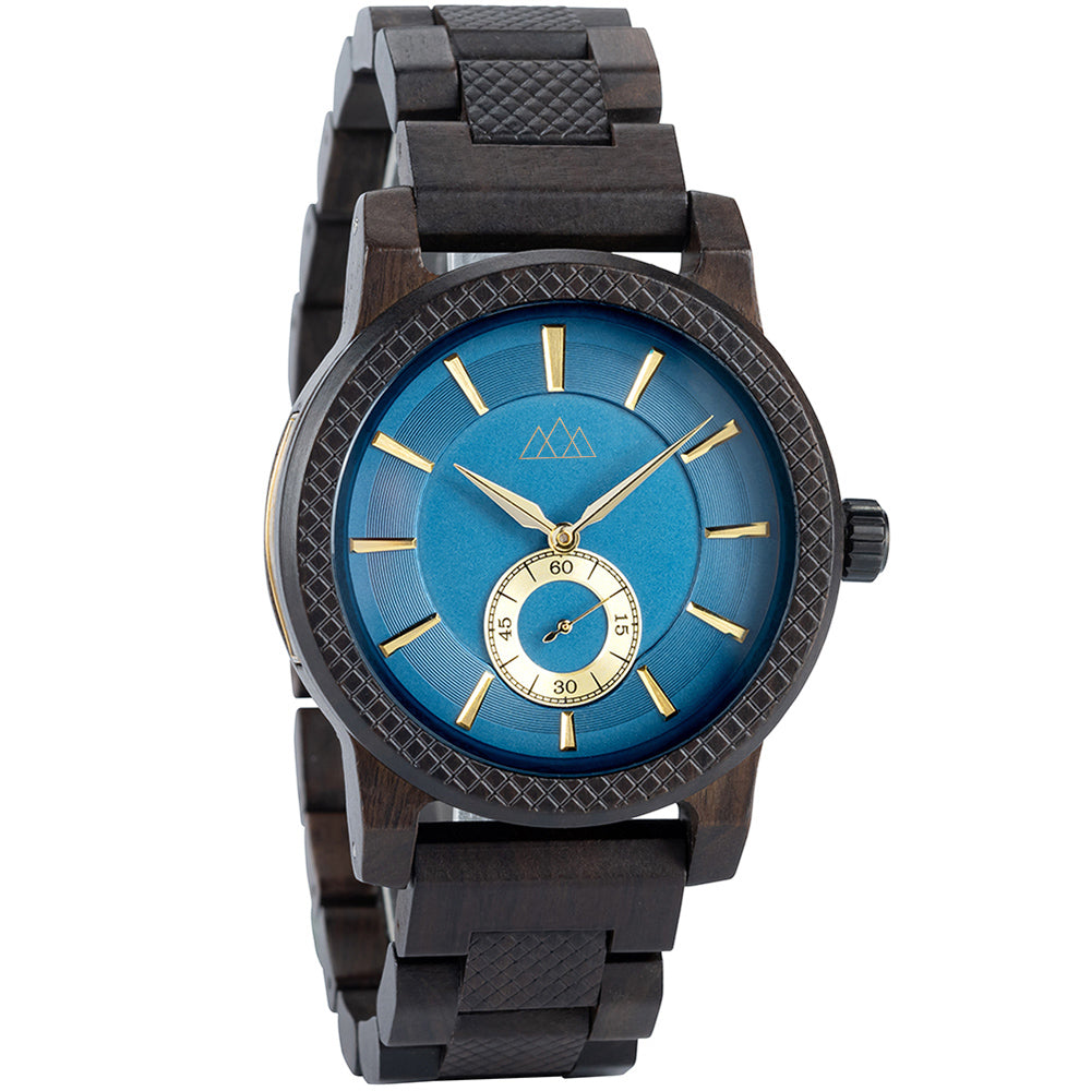 Montre homme bois cadran bleu Teriol Blue, vue 3 sur fond blanc