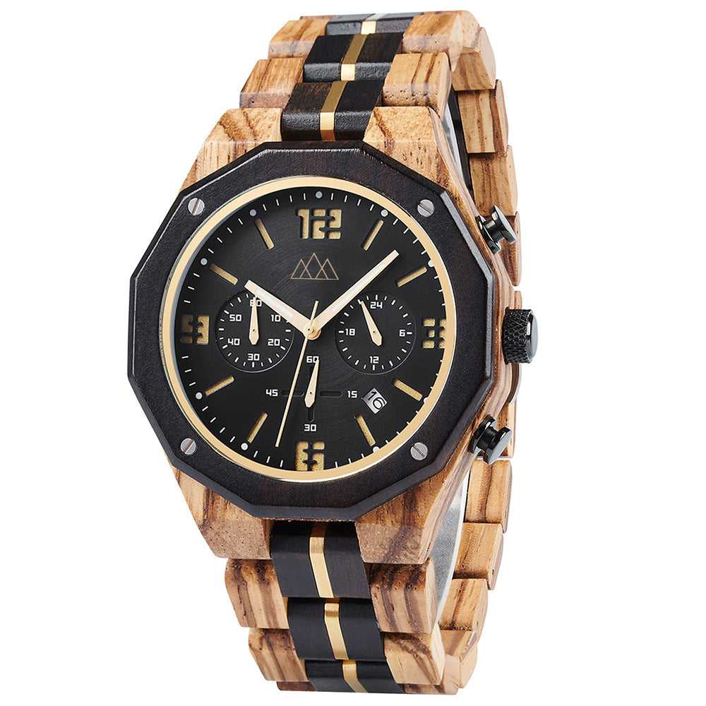 Montre homme bois cadran noir chronographe Puliar, vue 2 sur fond blanc