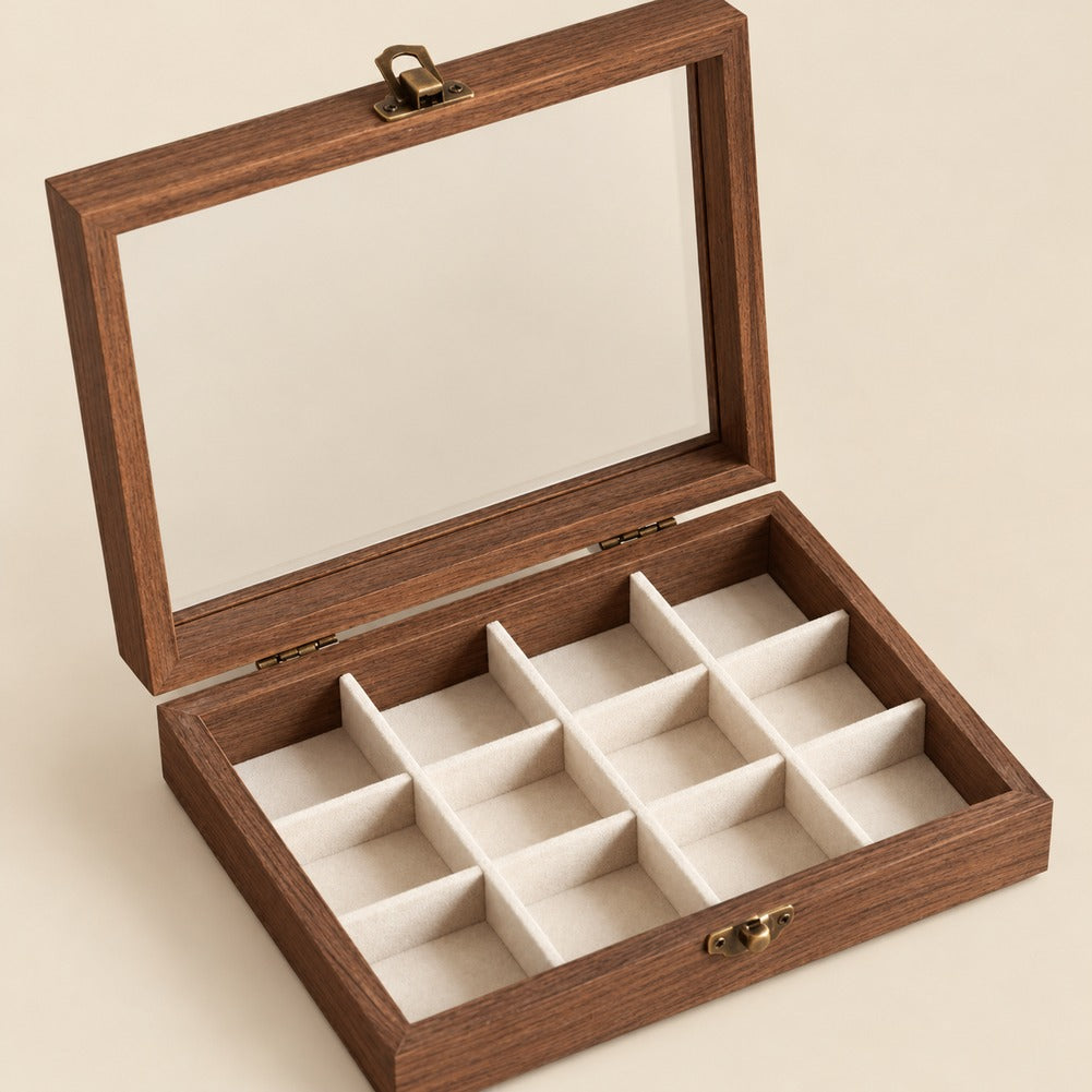 Petite Boîte à Bijoux en Bois et Velours 12 Cases - Altis, ouverte