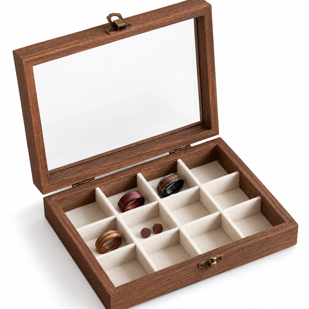 Petite Boîte à Bijoux en Bois et Velours 12 Cases - Altis, garnie