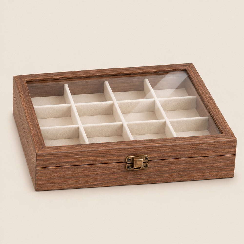 Petite Boîte à Bijoux en Bois et Velours 12 Cases - Altis, fermée