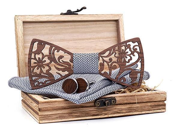 Coffret noeud papillon bois Flora, vue 3 sur fond blanc