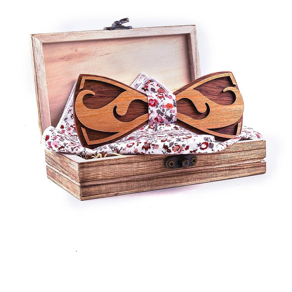 Coffret noeud papillon bois mariage Moustache, vue 2 sur fond blanc