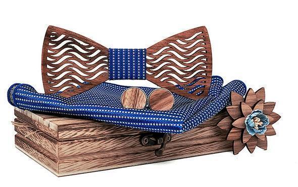 Coffret Noeud Papillon Bois - Stripe Bleu/Blanc