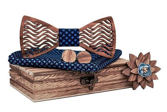 Coffret Noeud Papillon Bois - Stripe Bleu/Bleu Clair