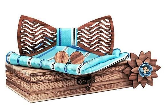 Coffret Noeud Papillon Bois - Stripe Turquoise