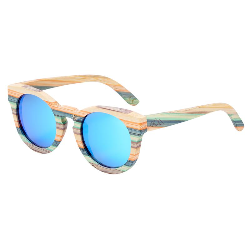 Lunettes en bois ronde Retro Rainbow Bleu, vue sur fond blanc