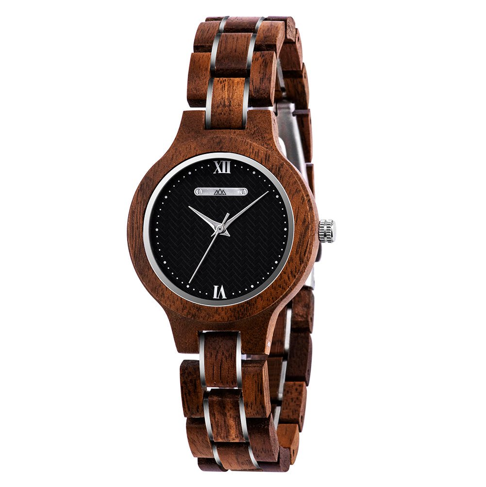 Montre en bois femme style Daily Noyer, vue 2 sur fond blanc