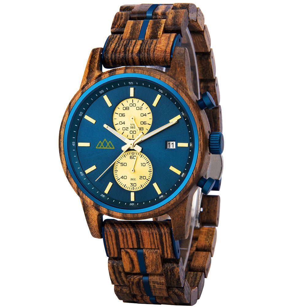 Montre en bois homme Brooklyn Blue vue de trois quarts, bracelet en bois