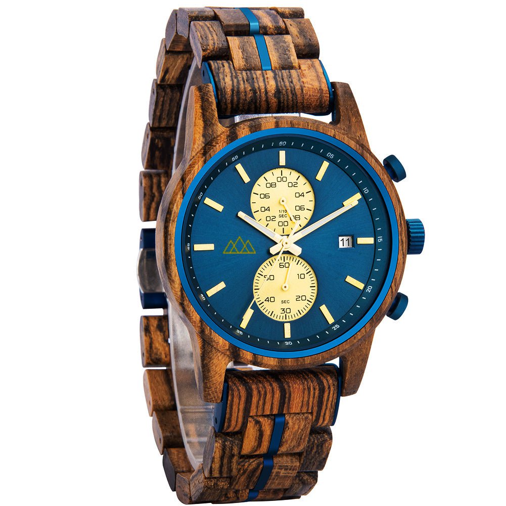Montre chronographe en bois homme Brooklyn Blue, cadran bleu et compteurs dorés